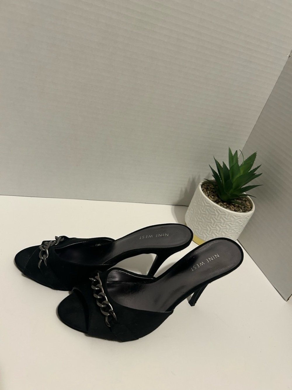 Nine West Black Open-Toe Mule Heels with Chain Accent